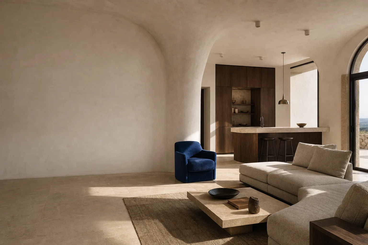 Concept di un soggiorno e cucina contemporanei in pietra chiara e legno