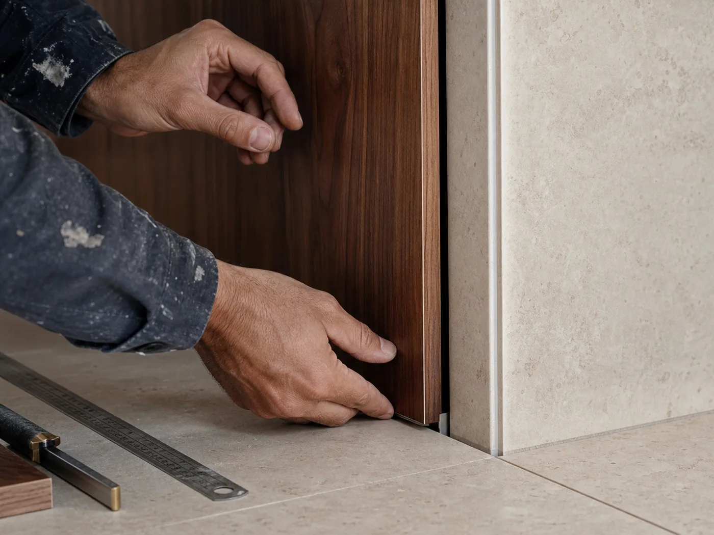 Posa precisa di un pannello in legno accanto a un rivestimento in pietra